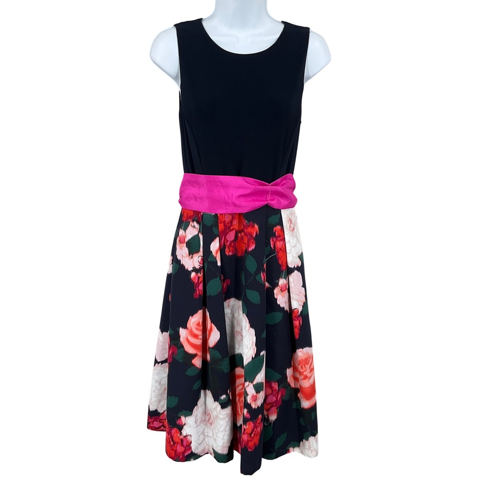 Eliza J Fit Flare Dress Womens 6 Navy Pink Floral Sash‎ Bow Wedding Guest